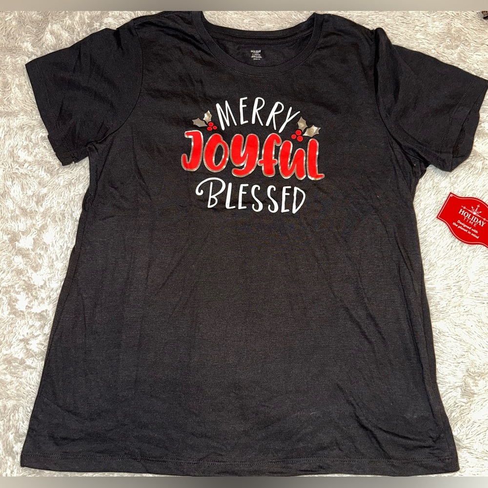 Women’s Merry Joyful Blessed Black T-Shirt Size Large